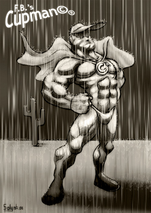 fanart du super heros cupman creation de  FB, illustration solynk, sous la pluie dans le desert
